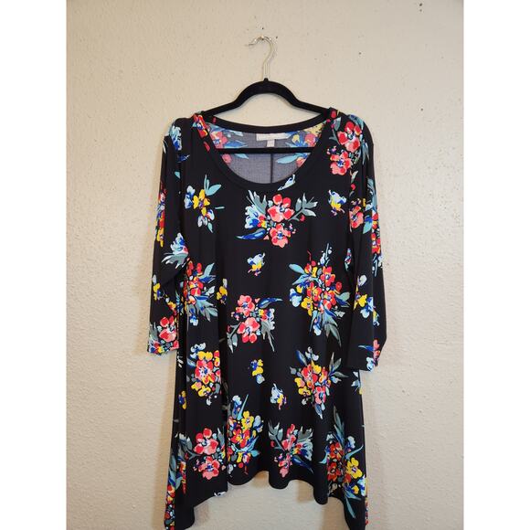 Woman Within Black Multi Floral 3/4 Sleeves The High-Low Hem‎ Tunic Top 18/20 - Picture 1 of 6